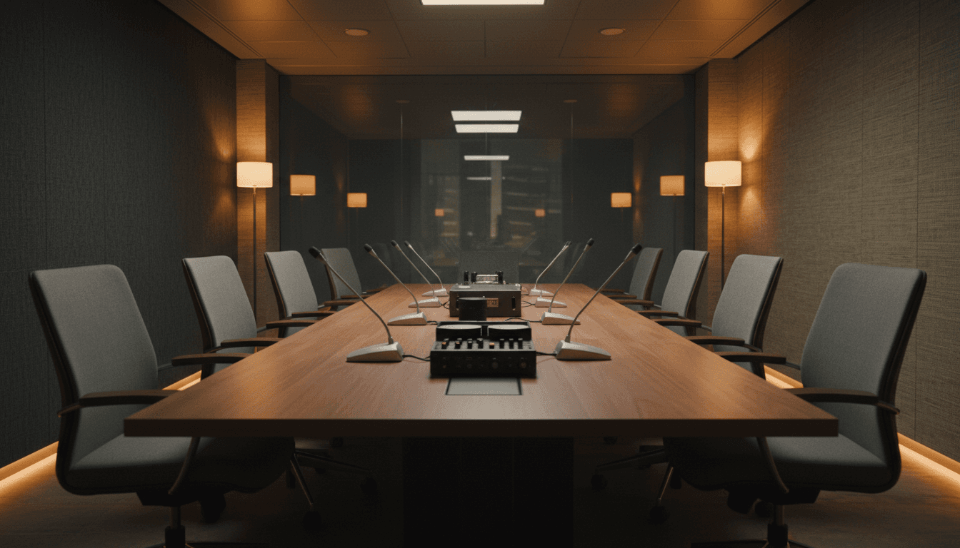 Focus group room with one-way mirror, microphones, and chairs arranged around a table